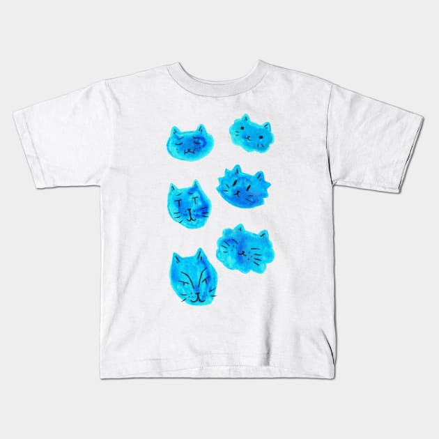 Blue Watercolor Cat Faces Kids T-Shirt by saradaboru